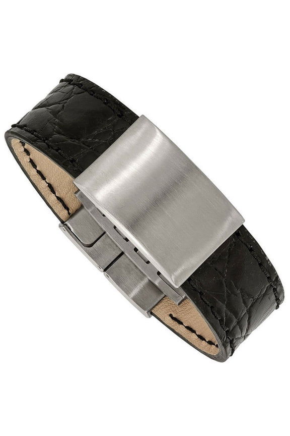 Primal Steel Stainless Steel Brushed Black Leather 8.5in ID Bracelet