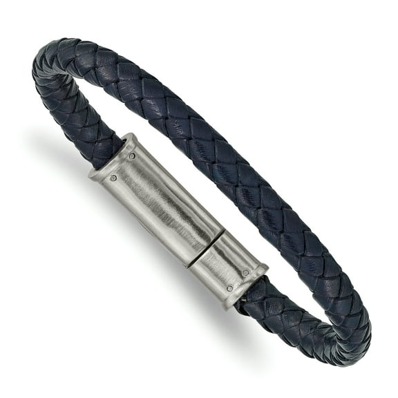 Primal Steel Stainless Steel Brushed Braided Blue Leather 8.25 Inch Bracelet