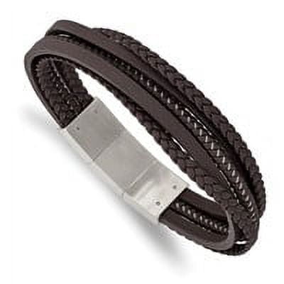 Primal Steel Stainless Steel Brushed Brown Braided Leather and Wire with 0.5 Inch Extension Bracelet