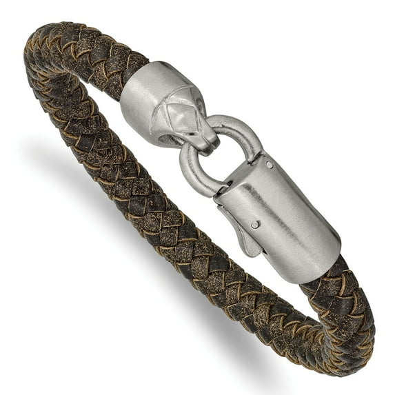 Primal Steel Stainless Steel Brushed Brown Leather 8.25 Inch Bracelet