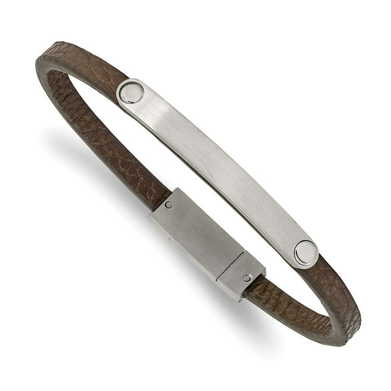 Stainless Steel Brushed Black Leather 8.25 inch ID Bracelet Stainless Steel Brushed Black Leather 8.25 inch ID Bracelet