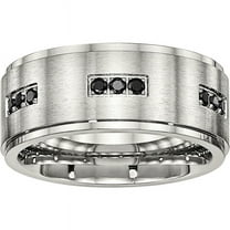 Primal Steel Stainless Steel Brushed Center Black Cubic Zirconia 9mm Ridged Edge Band