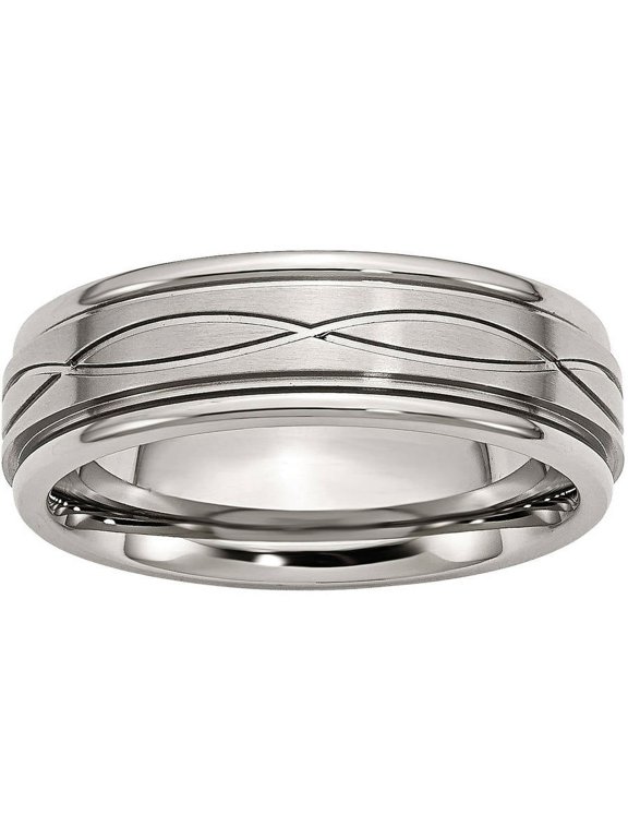 Primal Steel Stainless Steel /Brushed Criss-cross Design 7mm Ridged Edge Band