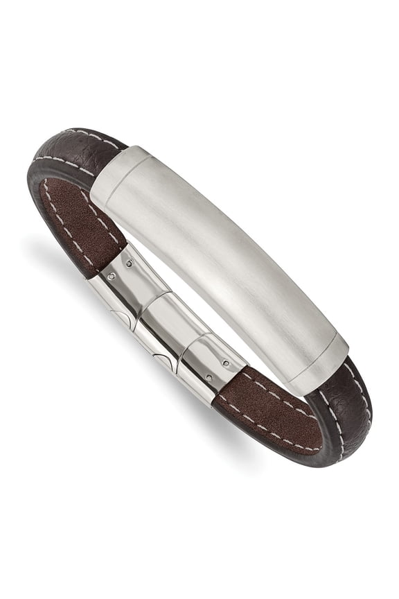Stainless Steel Brushed Dark Brown Leather with 0.5 Inch Extension 8 Inch ID Bracelet