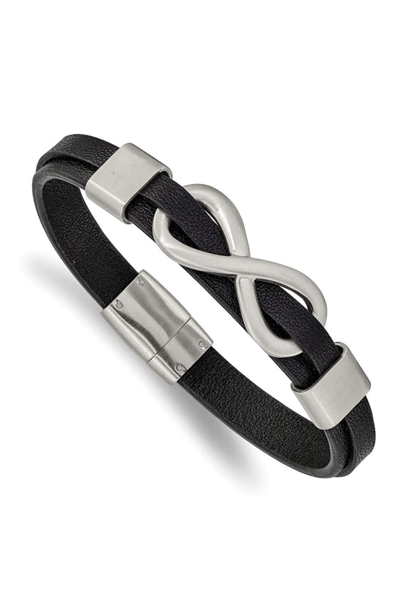 Stainless Steel Brushed Infinity Symbol Black Leather 8 Inch Bracelet