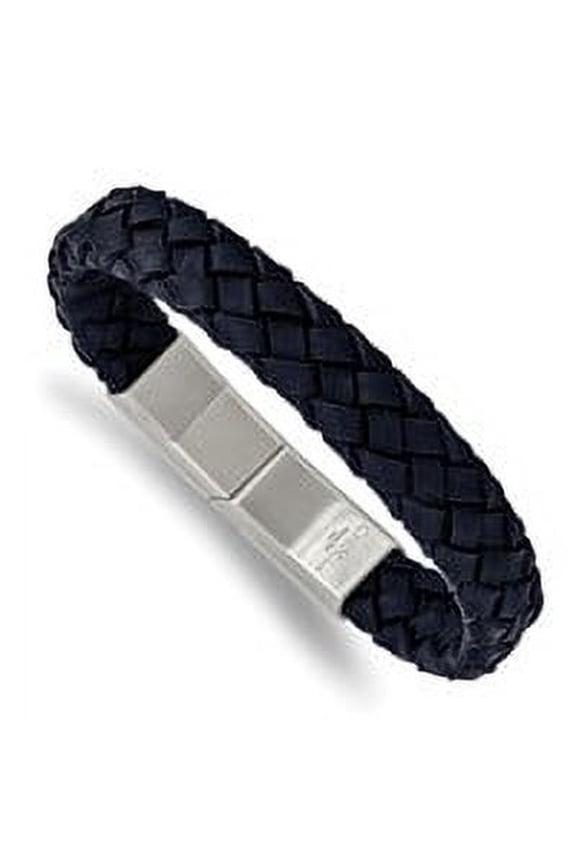 Stainless Steel Brushed Navy Braided Leather 8.25 Inch with 0.5 Inch Extension Bracelet