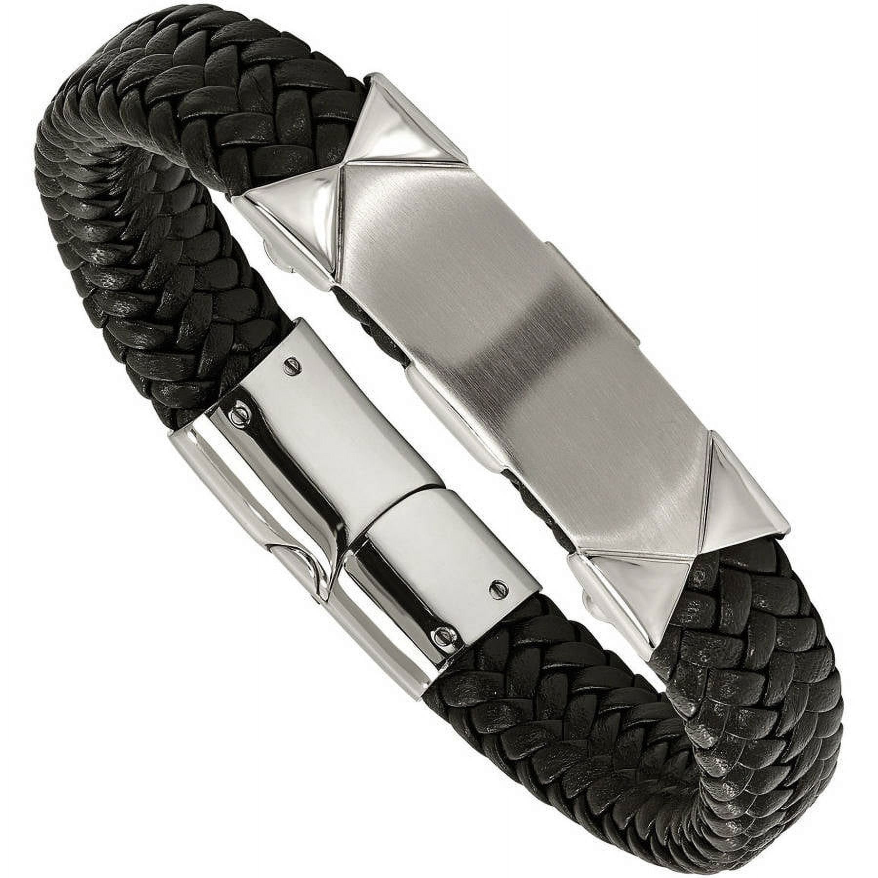 Primal Steel Stainless Steel Brushed and Black Leather 8.5in ID Bracelet