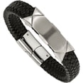 thumbnail image 1 of Primal Steel Stainless Steel Brushed and Black Leather 8.5in ID Bracelet, 1 of 7
