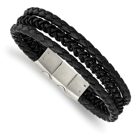 Primal Steel Stainless Steel Brushed and Polished Black IP-plated Leather with 0.5 Inch Extension Bracelet