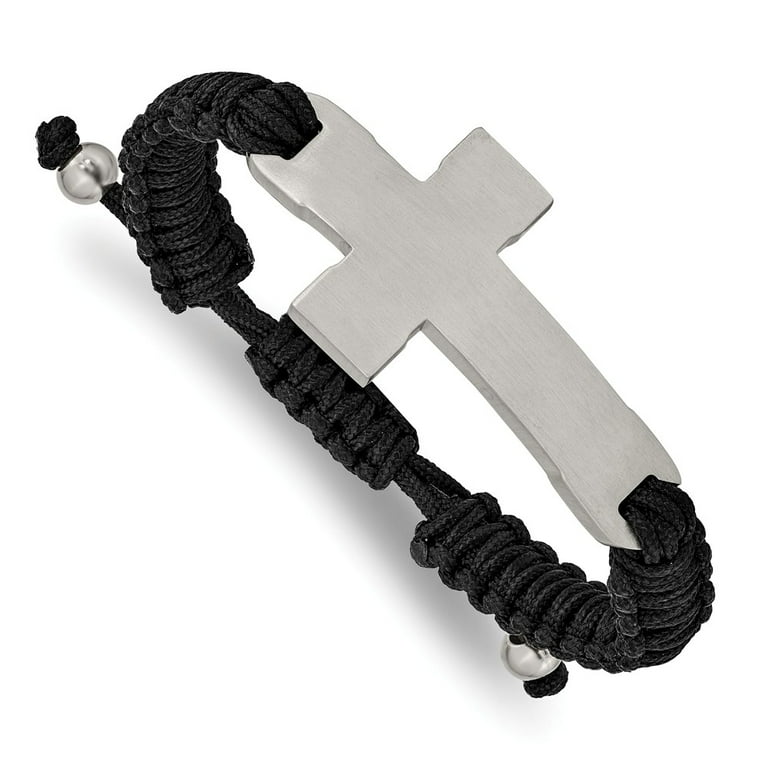 Stainless Steel Polished Black IP Black Nylon Adjustable Cross Bracelet - Engravable Stainless Steel Polished Black IP Black Nylon Adjustable Cross Bracelet - Engravable
