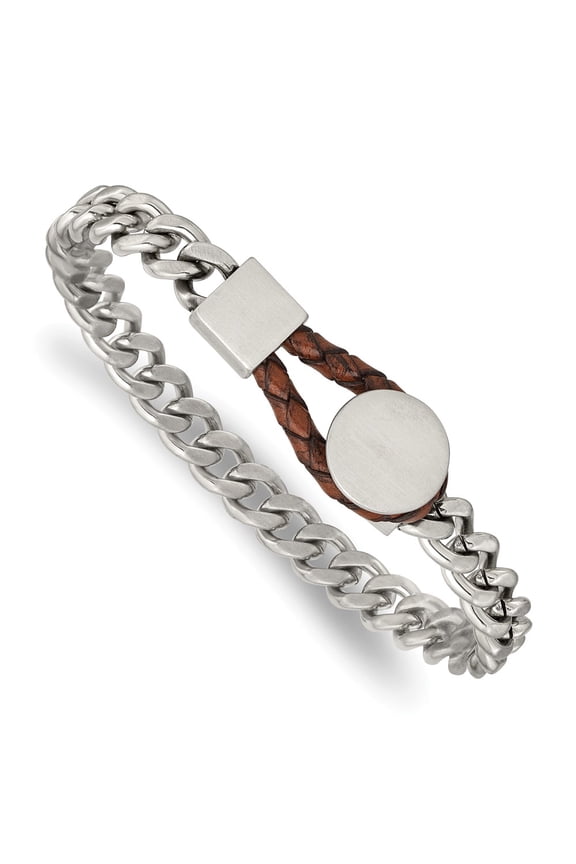 Stainless Steel Brushed and Polished Curb Chain with Brown Leather Hook Bracelet