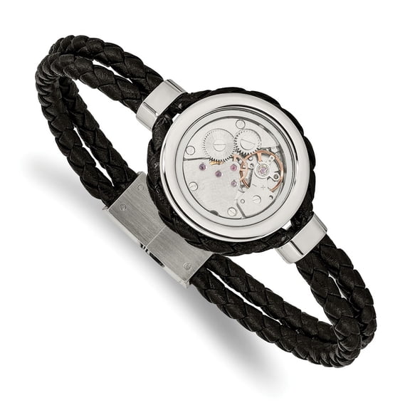 Primal Steel Stainless Steel Brushed and Polished Yellow IP-plated with Cubic Zirconia and Leather 8.5 Inch Bracelet
