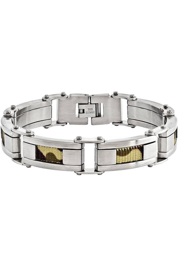 Primal Steel Stainless Steel Brushed with Brown Camo Fabric Inlay 8.5in Bracelet