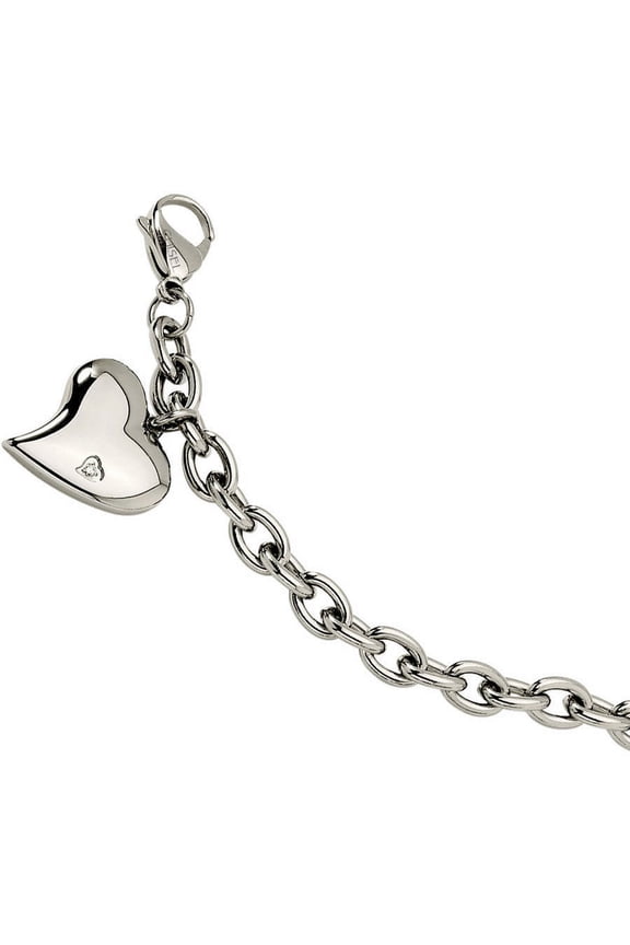 Primal Steel Stainless Steel Link with Cubic Zirconia Heart Dangle Charm 7.5 inch Bracelet