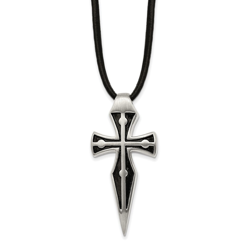 Primal Steel Stainless Steel Polished Antiqued and Brushed Leather Cord with 2-inch Extention Cross Necklace