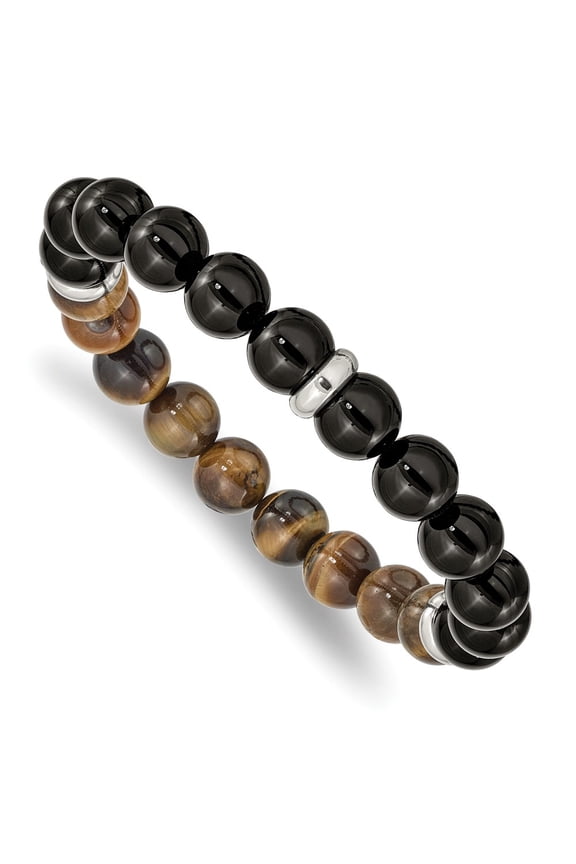 Stainless Steel Polished Black Agate and Tiger's Eye Stretch Bracelet