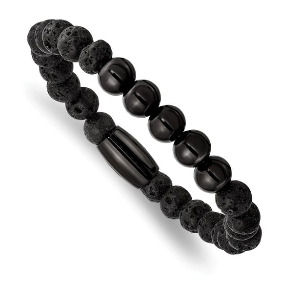 Primal Steel Stainless Steel Polished Black IP-plated Lava Stone Stretch Bracelet