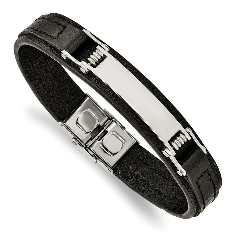 Stainless Steel Brushed Black Leather 8.25 inch ID Bracelet Stainless Steel Brushed Black Leather 8.25 inch ID Bracelet