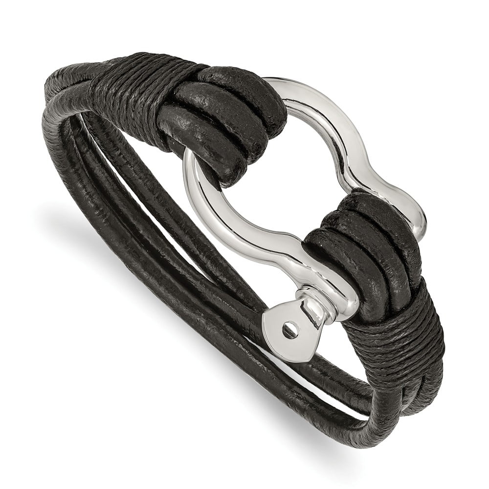Primal Steel Stainless Steel Polished Black Leather Multi Strand 8.5 Inch Shackle Bracelet