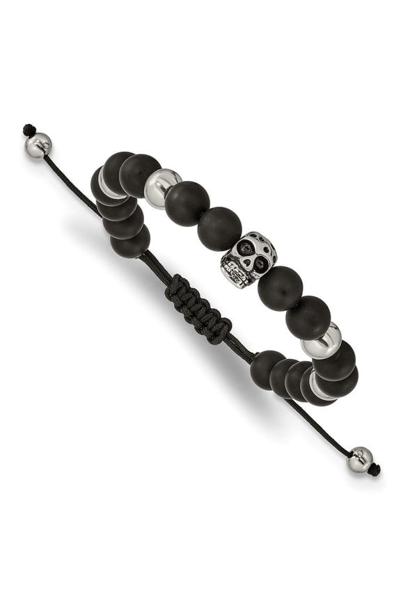 Stainless Steel Polished Black Onyx Beaded Skull Adjustable Bracelet
