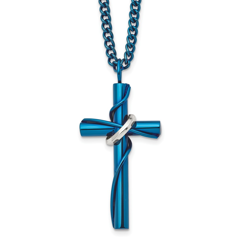 Men's Stainless Steel Cross Pendant With Onyx & 24-Inch Cuban Chain Set