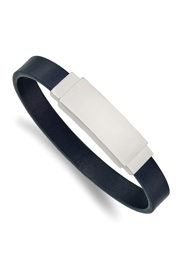 Stainless Steel Polished Blue Leather 8.5 Inch ID Bracelet