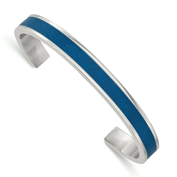 Primal Steel Stainless Steel Polished Blue Leather Inlay 8mm Cuff Bangle
