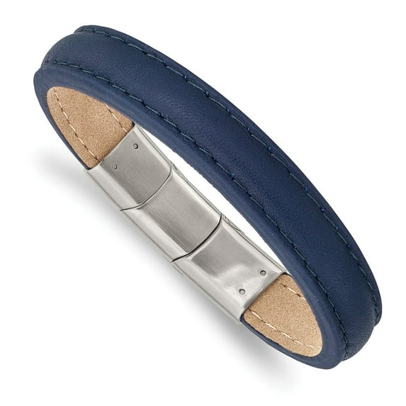 Primal Steel Stainless Steel Polished Blue Leather with .5 Inch Extension 7.75 Inch Bracelet