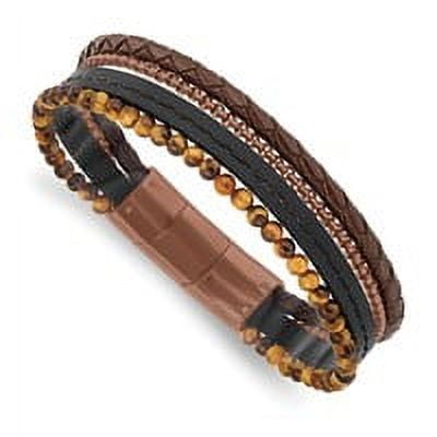 Stainless Steel Polished Brown IP Tiger's Eye Leather Bracelet Stainless Steel Polished Brown IP Tiger's Eye Leather Bracelet