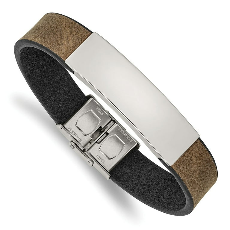 Stainless Steel Black Leather 8.25 inch ID Bracelet Stainless Steel Black Leather 8.25 inch ID Bracelet