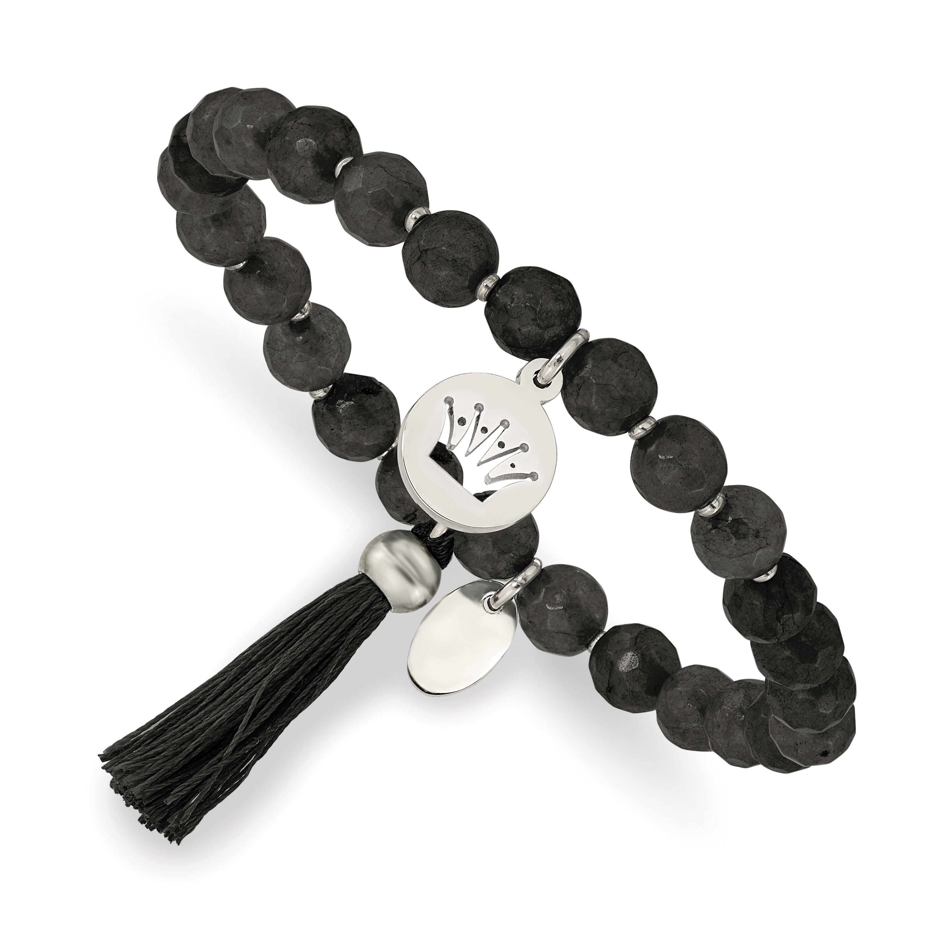 Primal Steel Stainless Steel Polished Crown with Tassel Black Jade Stretch Bracelet