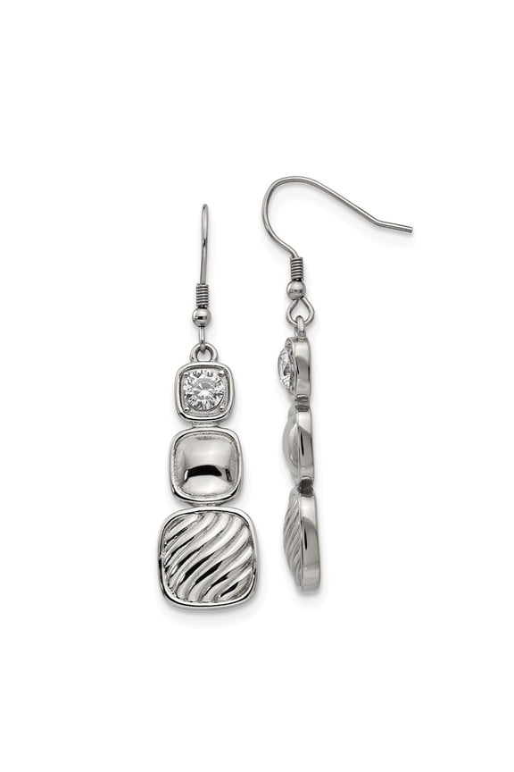 Stainless Steel Polished Cubic Zirconia Square Shepherd Hook Earrings