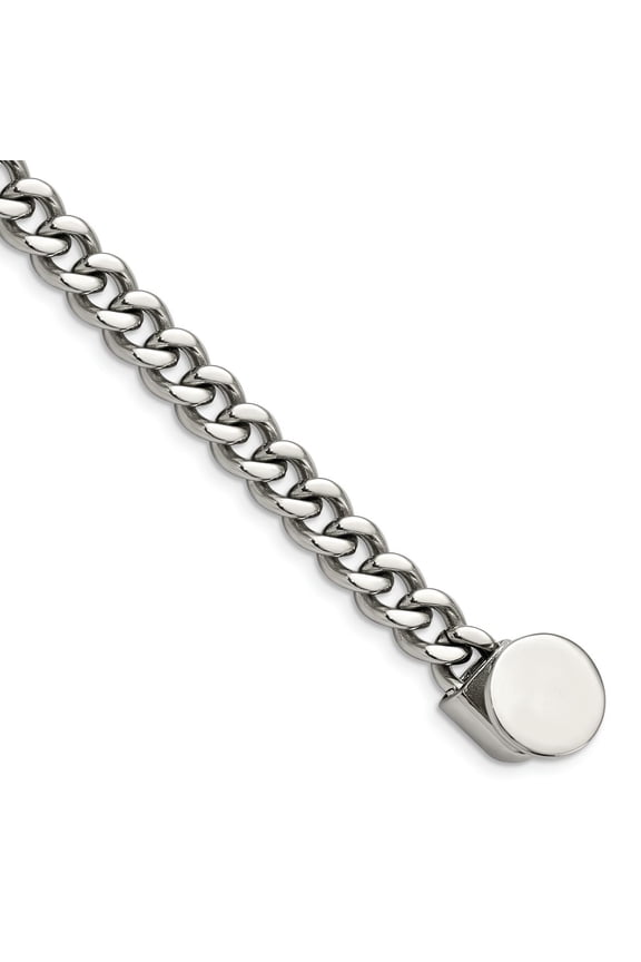 Stainless Steel Polished Curb Chain with Black Leather Hook 8.25 Inch Bracelet