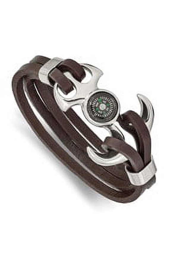 Stainless Steel Polished Functional Compass Brown Leather 8.5 Inch Bracelet