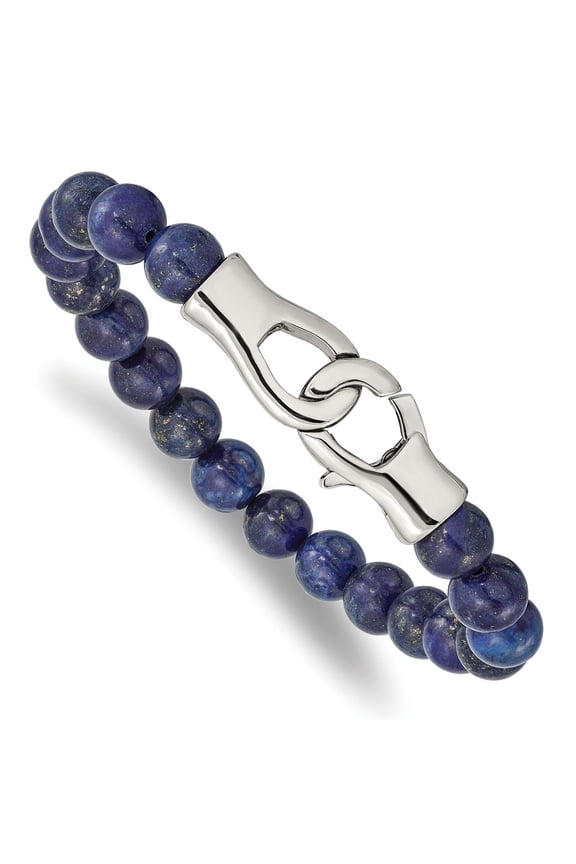 Stainless Steel Polished Genuine Lapis Beads 9 Inch Bracelet
