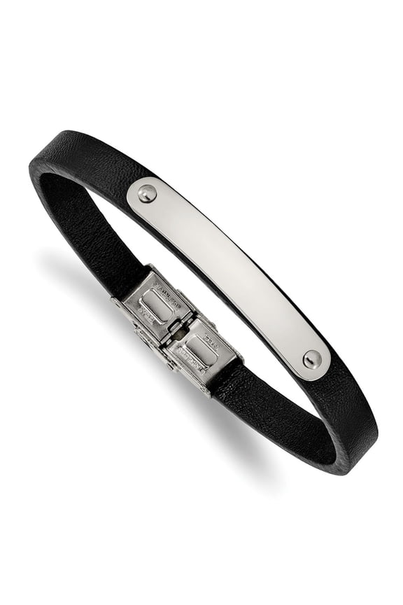 Stainless Steel Polished Leather 8.5 Inch ID Bracelet