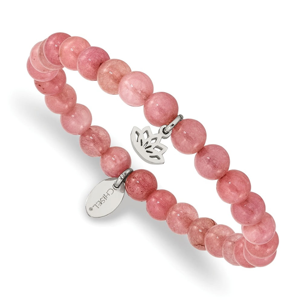 Primal Steel Stainless Steel Polished Lotus Pink Jade Beaded Stretch Bracelet