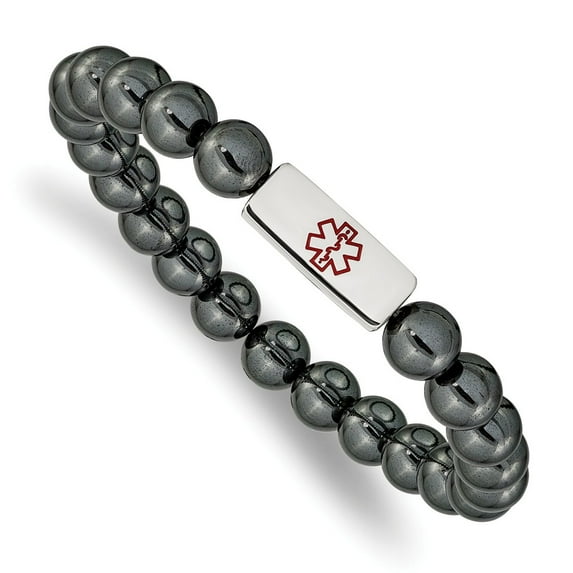 Primal Steel Stainless Steel Polished Medical ID Plate Hematite Bead Stretch Bracelet