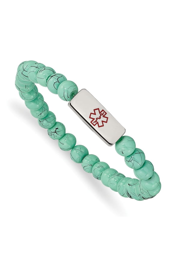 Stainless Steel Polished Medical ID Turquoise Glass Stretch Bracelet