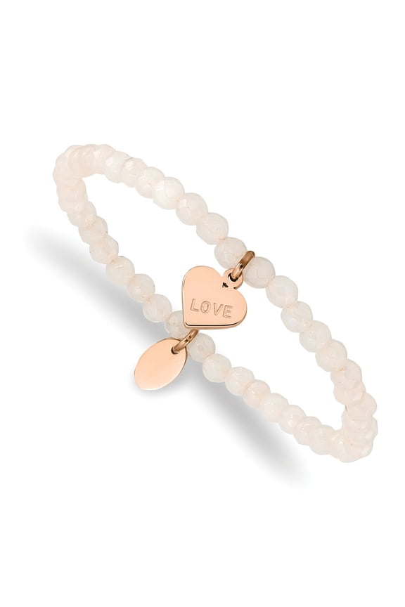 Stainless Steel Polished Rose IP-plated LOVE Heart Jade Stretch Bracelet