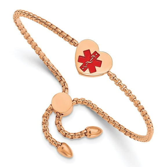 Primal Steel Stainless Steel Polished Rose IP-plated Red Enamel Heart Medical ID Adjustable Bracelet
