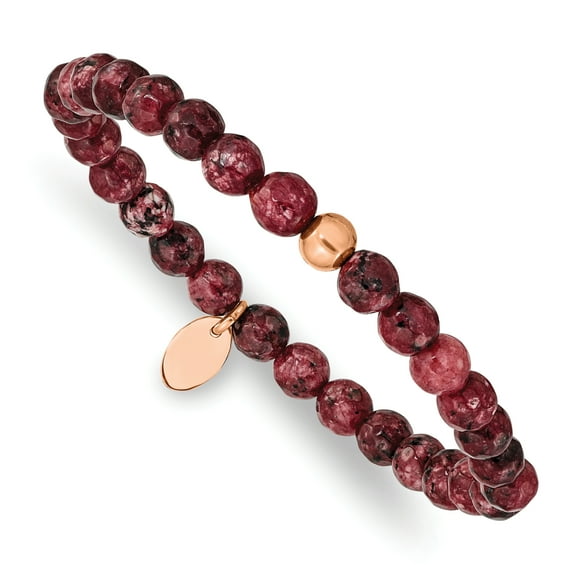 Primal Steel Stainless Steel Polished Rose IP-plated Red Jade Stretch Bracelet