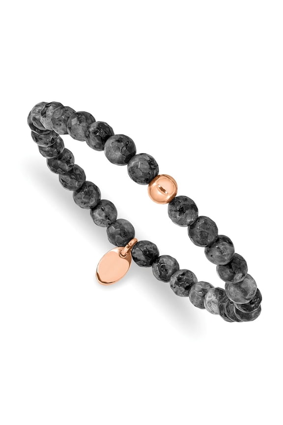 Stainless Steel Polished Rose IP-plated Spectrolite Beaded Stretch Bracelet