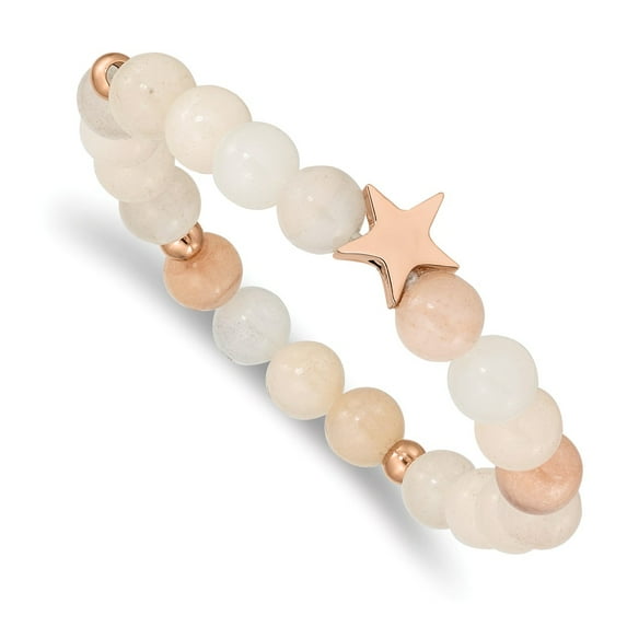 Primal Steel Stainless Steel Polished Rose IP-plated Star White/Pink Aventurine Stretch Bracelet