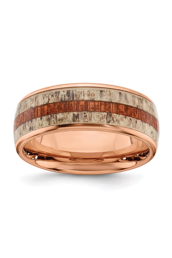 Stainless Steel Polished Rose IP-plated with Wood and Antler Inlay 8mm Band