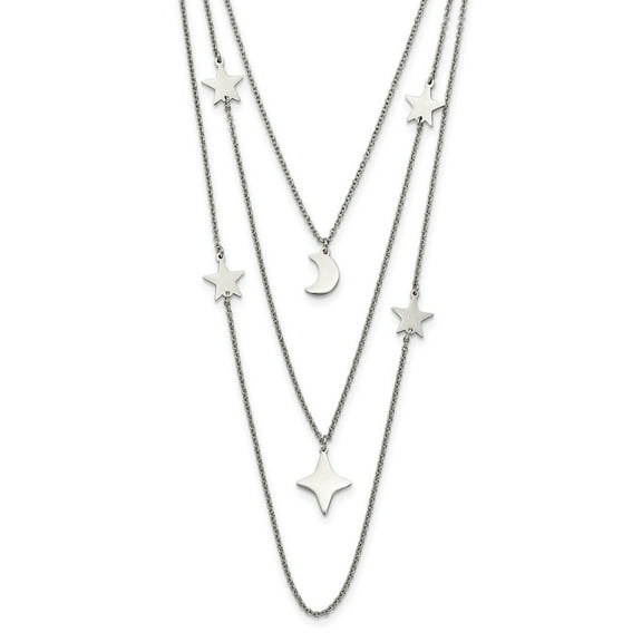 Primal Steel Stainless Steel Polished Stars and Moon Multi Strand with 1.75-inch Extention Necklace