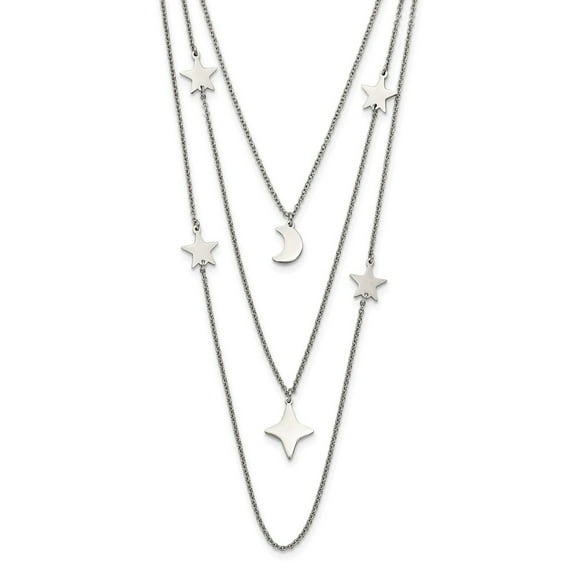 Primal Steel Stainless Steel Polished Stars and Moon Multi Strand with 1.75-inch Extention Necklace