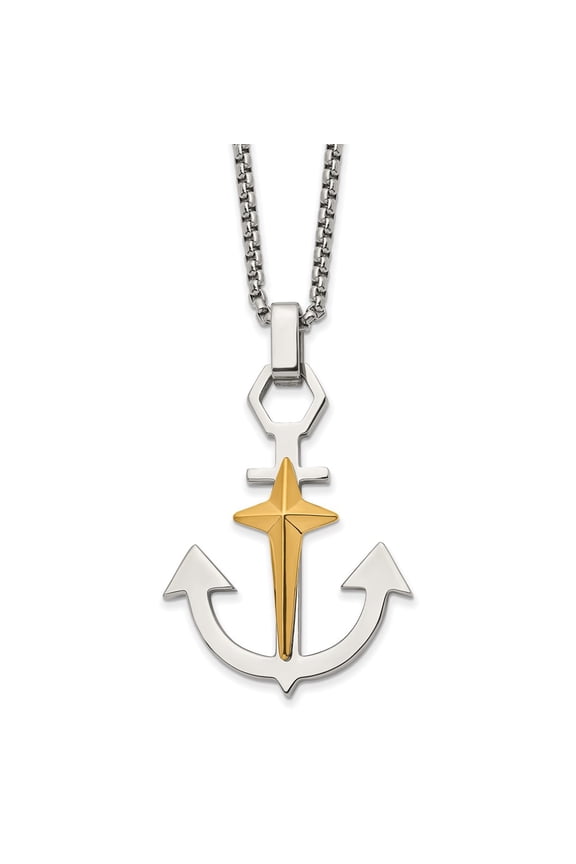 Stainless Steel Polished Yellow IP-plated Anchor and Cross 24-inch with 2.75-inch Extention Necklace