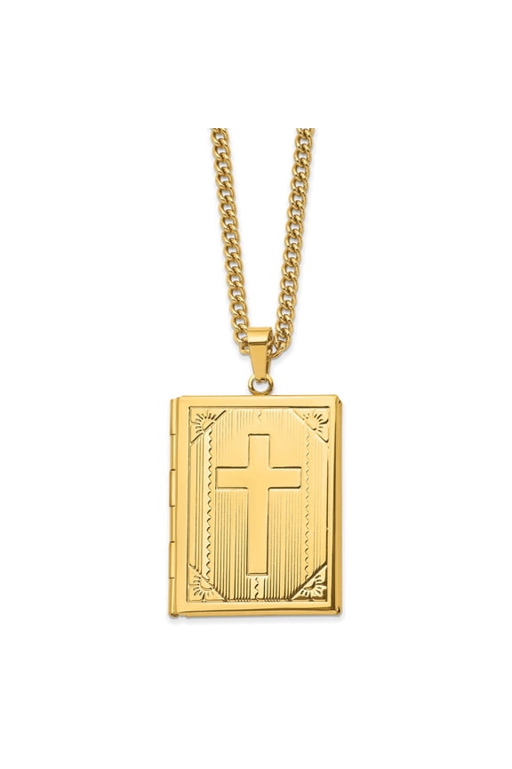 Stainless Steel Polished Yellow IP-plated Cross Bible Locket 24-inch Necklace