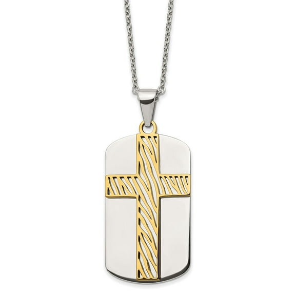 Primal Steel Stainless Steel Polished Yellow IP-plated Cross and Dog Tag 24-inch Cable Chain Necklace